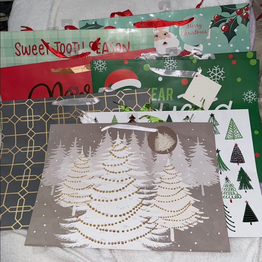 Festive Holiday Gift Bags Set - Red, Gray, and Multicolor